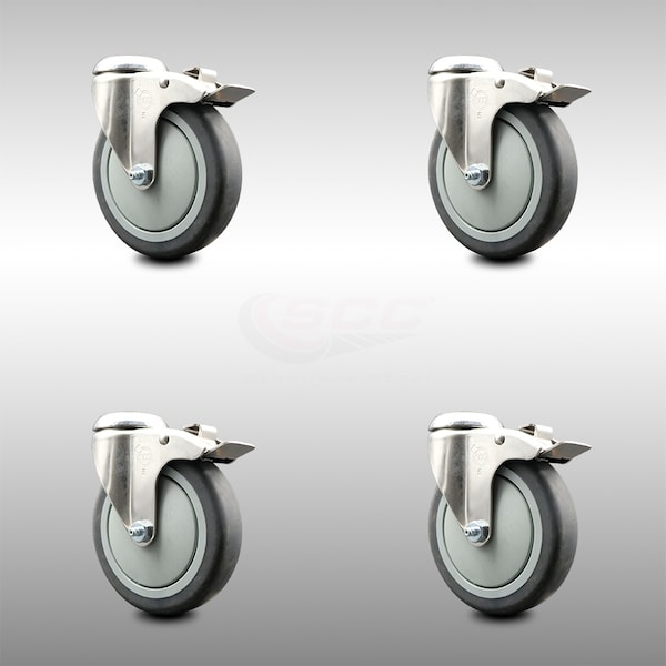 5 Inch 316SS Thermoplastic Rubber Swivel Bolt Hole Caster Set with Lock Brake